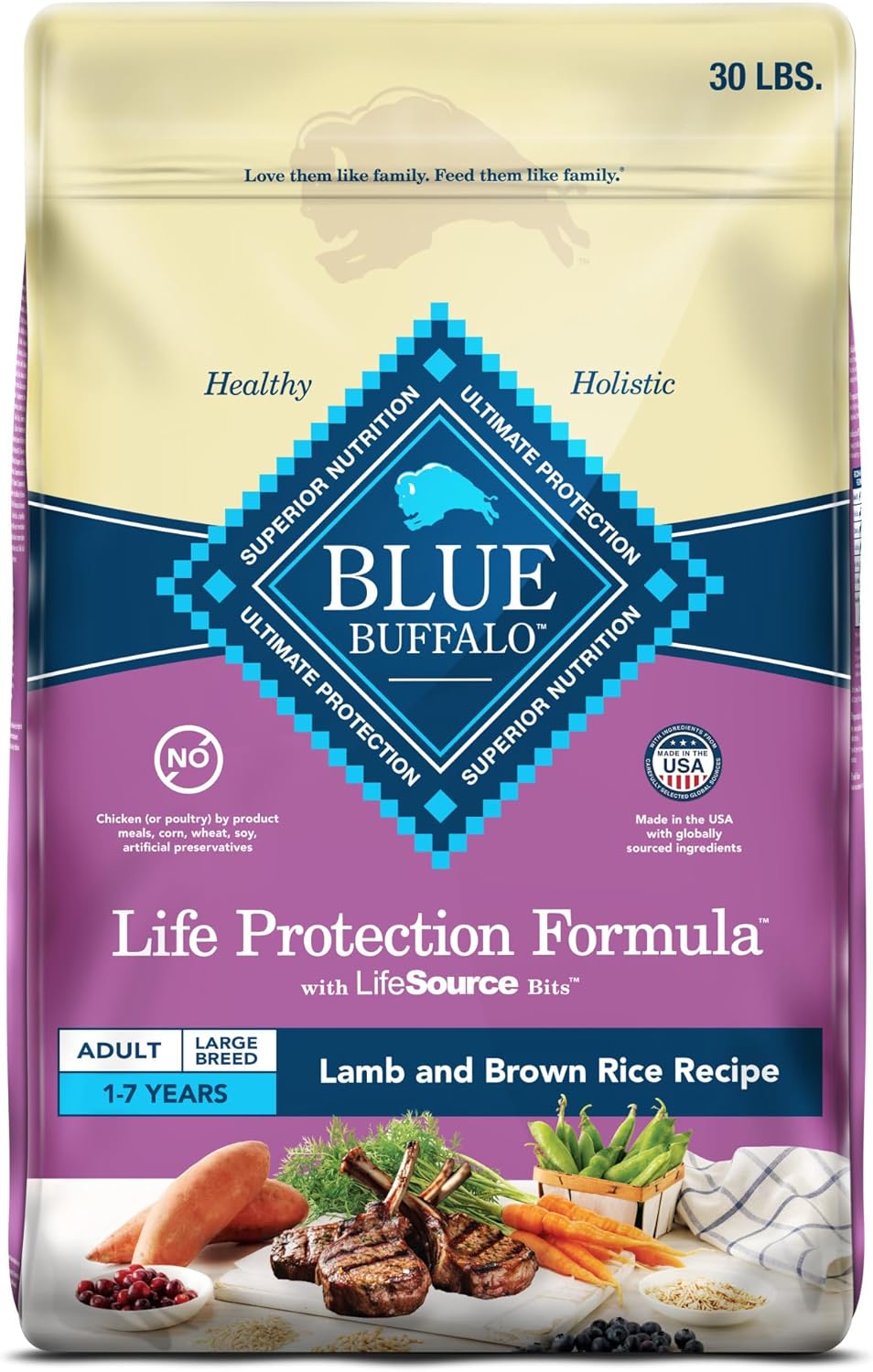 Blue Buffalo Life Protection Formula Large Breed Adult Dry Dog Food – 30 lb. Bag (Lamb & Brown Rice Recipe) (Available at Cure Venta)