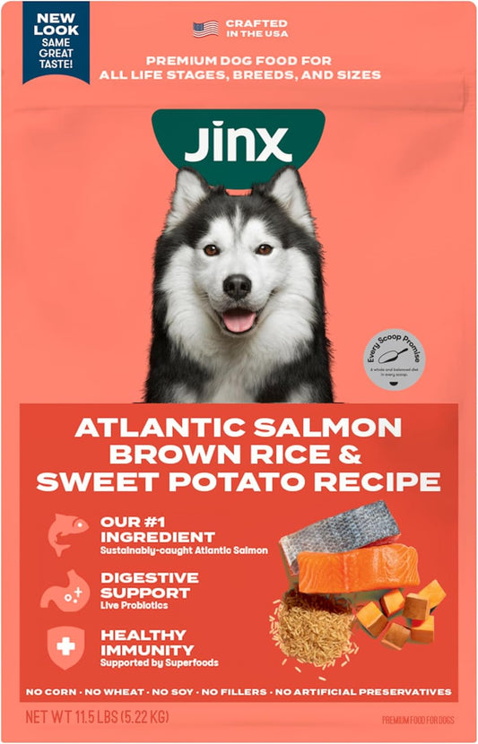 Jinx Premium Dry Dog Food, Real Salmon, Brown Rice & Sweet Potato Kibble with Superfoods & Probiotics, No Fillers, for All Lifestages, 11.5lb