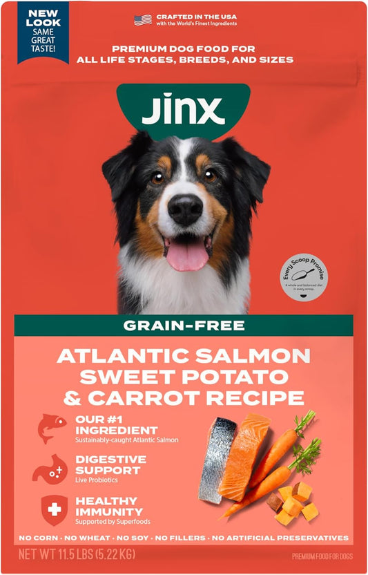 Jinx Natural Grain-Free Kibble - Dry Dog Food - Made with Superfoods, Probiotics, & No Fillers - for Puppies, Adults, and Seniors, 11.5 lb. Bag - Salmon & Carrot