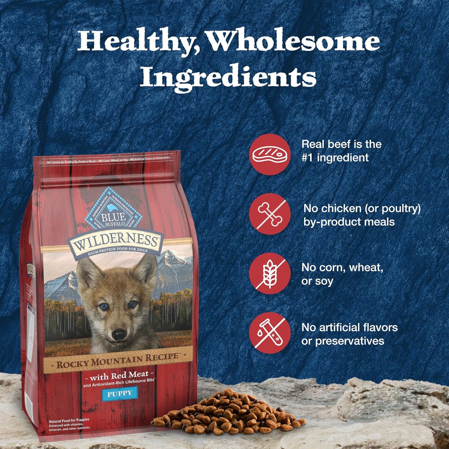 Blue Buffalo Wilderness High-Protein Rocky Mountain Recipe Puppy Dry Dog Food – 24 lb. Bag (Red Meat &amp; Grains) (Available at Cure Venta)