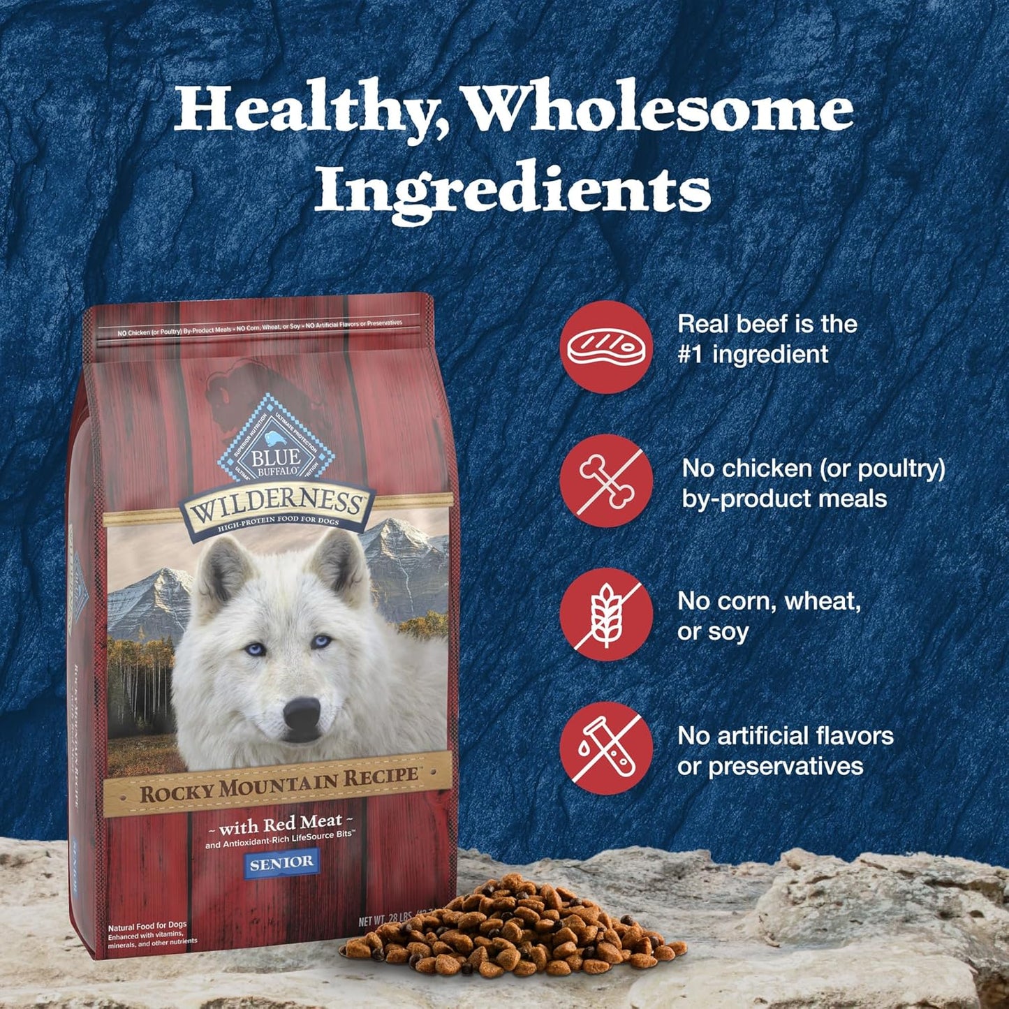 Blue Buffalo Wilderness Rocky Mountain Recipe High-Protein Senior Dry Dog Food – 22 lb. Bag (Red Meat) (Available at Cure Venta)